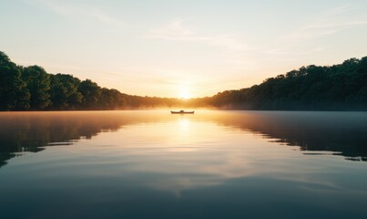 Fototapeta premium Serene Sunrise Over Tranquil Lake with a Small Boat Gliding Through Misty Waters