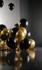 Naklejka premium Sleek black and gold balloons tied to a sleek black table on a mirrored floor, black and gold balloons, mirrored floor