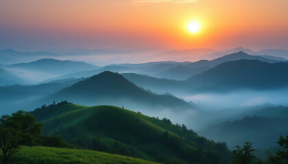 Fototapeta premium Sunrise Over Misty Mountains: A Breathtaking Panorama