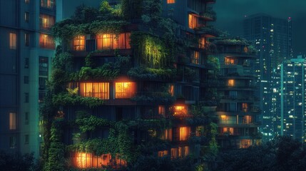 Obraz premium Night View of a Lush, Eco-Friendly Apartment Building in a Cityscape