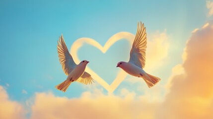 Obraz premium Two Lovebirds Flying in Heart Shaped Sky Romantic Valentines Day Image