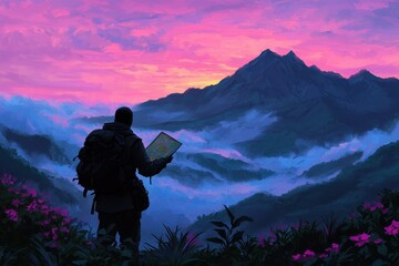 Fototapeta premium Silhouette of a hiker studying a map against a breathtaking mountain backdrop at sunset in a vibrant landscape