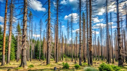 Dead pine trees in Morvan forest infested with bark beetles, twisted and gnarled trunks