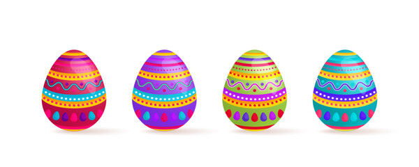A row of four colorful Easter eggs with different patterns, perfect for celebrating the spring holiday.