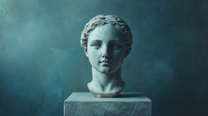  serene marble bust of a classical figure positioned on a pedestal, set against a textured green backdrop, ideal for art and history themes