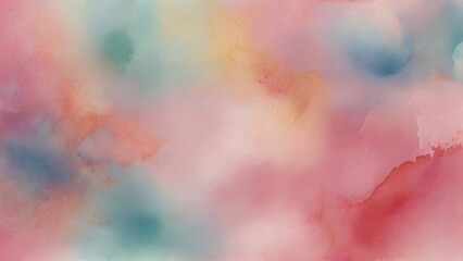 Fototapeta premium Vibrant Watercolor Background. Abstract watercolor painting with soft, blended hues of pink, blue, and yellow, creating a dreamy, ethereal atmosphere