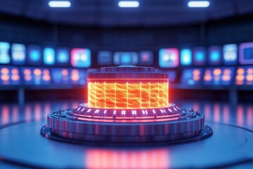 Nuclear reactors drive energy innovation. Futuristic control center with glowing energy core and screens.