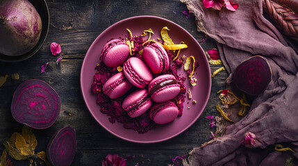 Pink macarons with beet and lemon cream for elegant dessert presentation