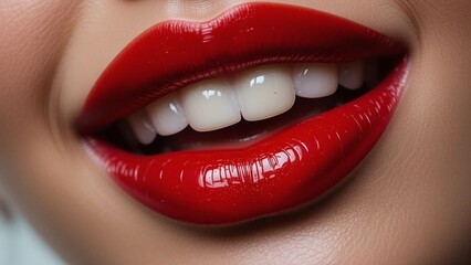 Obraz premium Close-Up of Glossy Red Lips with White Teeth