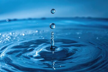 Single water drop suspended in mid-air on a deep blue background, water drop, simple design