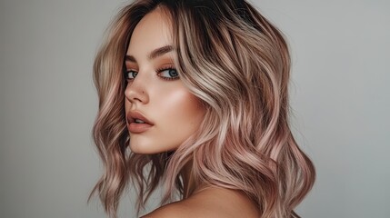Fototapeta premium Woman, blonde, wavy, hair, studio, beauty, portrait, rose gold, highlights, background