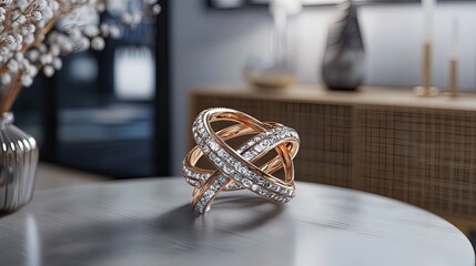 Rose gold diamond ring on marble, modern interior