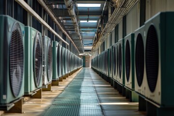 Obraz premium Multiple air conditioning units lined up along the side of a building, emphasizing their organized placement. Long Corridor With Row Of Industrial Air Conditioning Units .