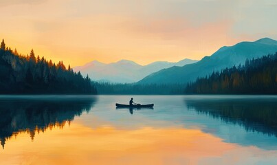 Obraz premium Solitude on a tranquil lake at sunset with the silhouette of a canoeist amid the mountains reflecting on still water