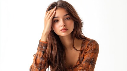 Obraz premium Thoughtful Woman in Plaid Top with Natural Lighting