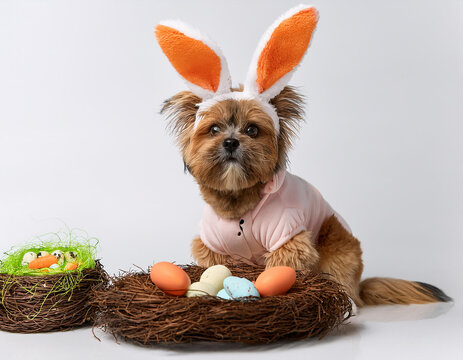 Hund im Osterhasenkost&uuml;m mit Osternest &ndash; Kreatives Haustierbild f&uuml;r Ostern