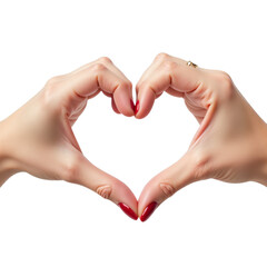 Fototapeta premium Woman�s Hands Forming Love Heart, Elegant Red Manicure, Isolated White Background, Romantic Gesture