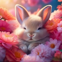 beauty rabbit sleep smile Surrounded by pink Flowers