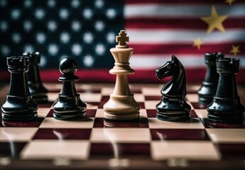 Naklejka premium Tense Chess Match with Black and White Pieces Against the Backdrop of American and Chinese Flags