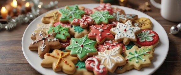 Fototapeta premium Assortment of colorful Christmas cookies on a plate , pastry, cookies, holiday treats