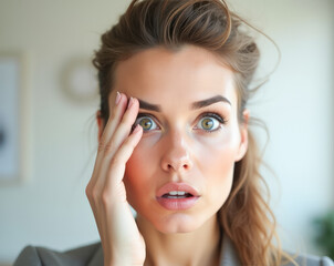 Fototapeta premium Portrait of a beautiful woman's face, surprised, she covers it with her palm