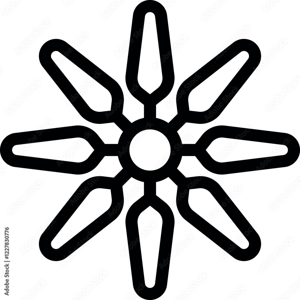 Poster simple black and white line art depicting an eight pointed star shape with rounded points, creating 