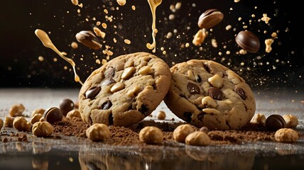 Cookies with hazelnuts and chocolate, cinematic dynamic photo falling splash