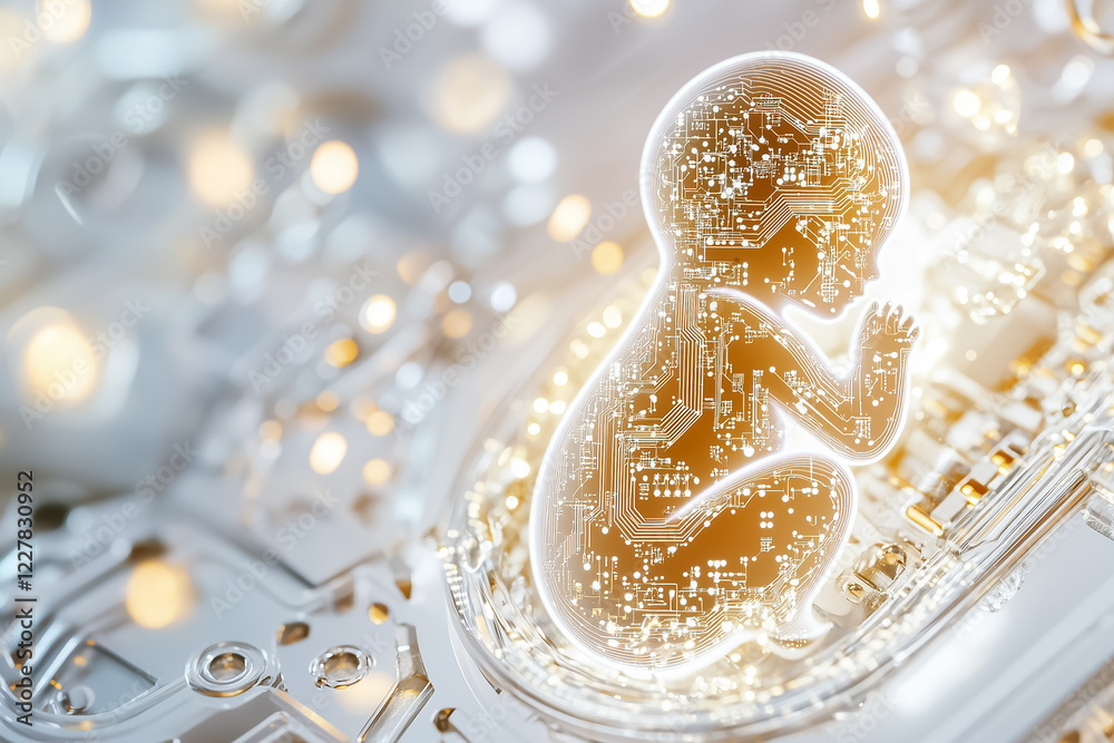 Poster an outline of a fetus is displayed with intricate circuitry patterns inside, set against a neutral b