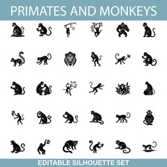 Primates, Monkeys, Apes, Silhouettes, Editable, Set, Illustrations, Wildlife, Animals, Icons