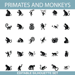 Primates and Monkeys Editable Silhouette Set of Monkey Icons