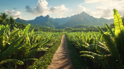 A Row of Lush Banana Trees with Green Bananas Growing in a Plantation