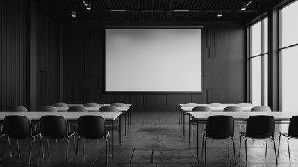 A lecture hall with a projector screen and rows of chairs.