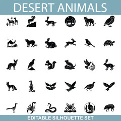 Desert Animals Editable Silhouette Set of Wildlife Icons