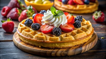 Delicious Belgian Waffles with Fresh Berries & Bananas - Stock Photo