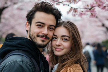 Fototapeta premium Generative AI depiction of a young couple enjoying Japan's spring park with cherry blossoms in full bloom
