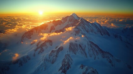 Snowy mountain peak at sunrise, golden light piercing through clouds, scenic landscape