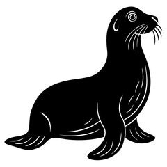 Cute Sea Lion Silhouette Line Art  Black Vector Carton Illustration
