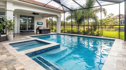 Obraz premium Luxury Backyard Pool and Spa with Outdoor Kitchen