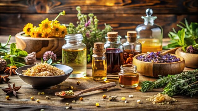 Aromatic resin and oil on wooden table, herbal remedies, botanicals ,  herbal remedies, botanicals