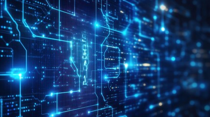 Fototapeta premium Blue circuit board, digital network with glowing lights, abstract background for tech concepts