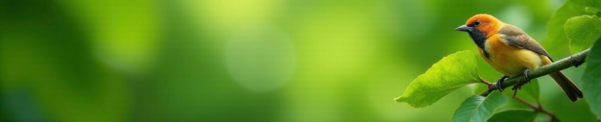 Naklejka premium Soft feathers ruffled by a gentle breeze on a branch, leafy greens, ornithology