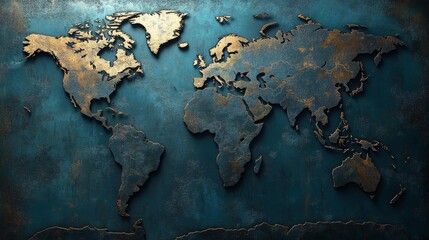 Rustic Metal World Map on Turquoise Wall. Generative AI