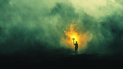 Fototapeta premium Surreal Figure Holding Glowing Key in Dark Atmosphere