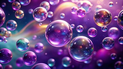 Colorful water bubbles floating in a deep violet background with subtle texture and soft focus effect