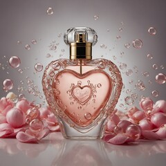 A cartoon-style perfume bottle with smiling heart-shaped bubbles.