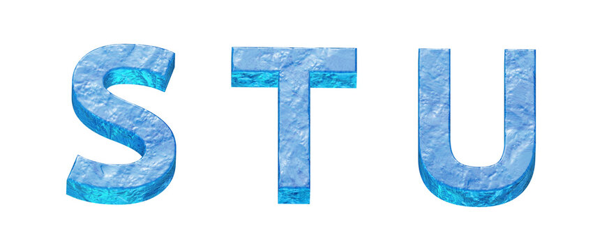 3d alphabet, set of letters and numbers made of ice, 3d illustration, s t u