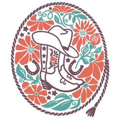 Cowboy boots with floral decoration and rope frame. Vector wild west colors illustration 