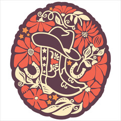 Cowboy boots with floral decoration. Vector wild west colors illustration 