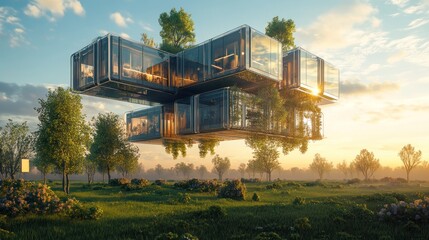 Obraz premium Futuristic Eco-Friendly Floating House at Sunrise