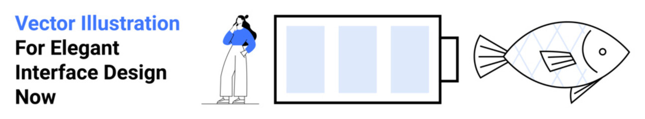 Woman in blue top looks at battery linked to fish showcasing technology, innovation, environment. Ideal for tech, energy, sustainability, creativity, experimentation, abstract concepts flat landing